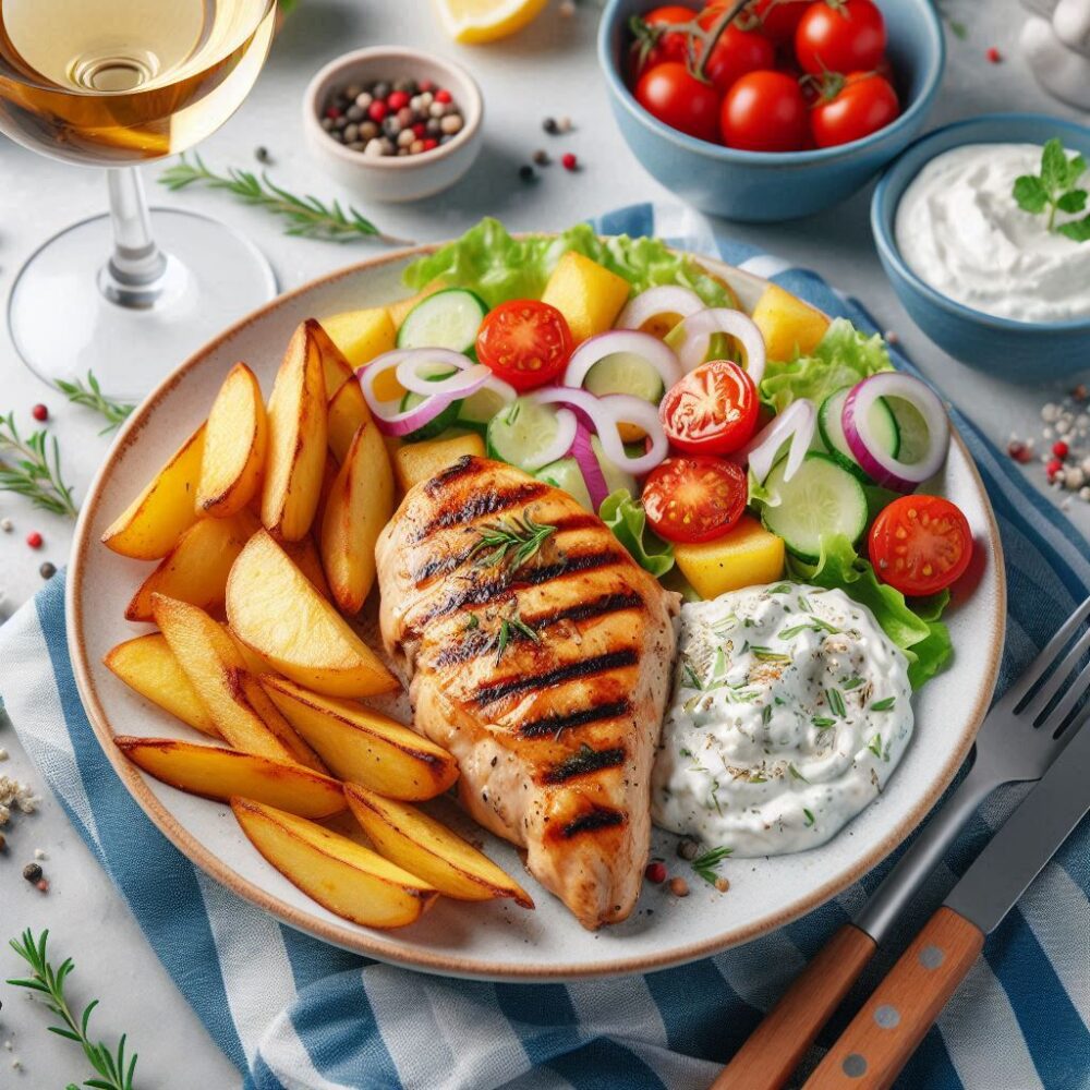 Recept på grillad kycklingfilé med klyftpotatis, tzatziki och sommarsallad