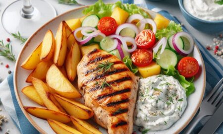 Recept på grillad kycklingfilé med klyftpotatis, tzatziki och sommarsallad
