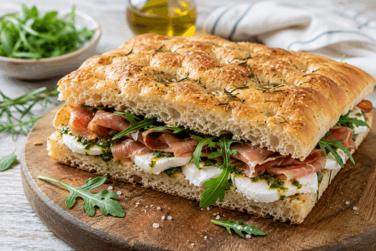 Focaccia med mozzarella och prosciutto