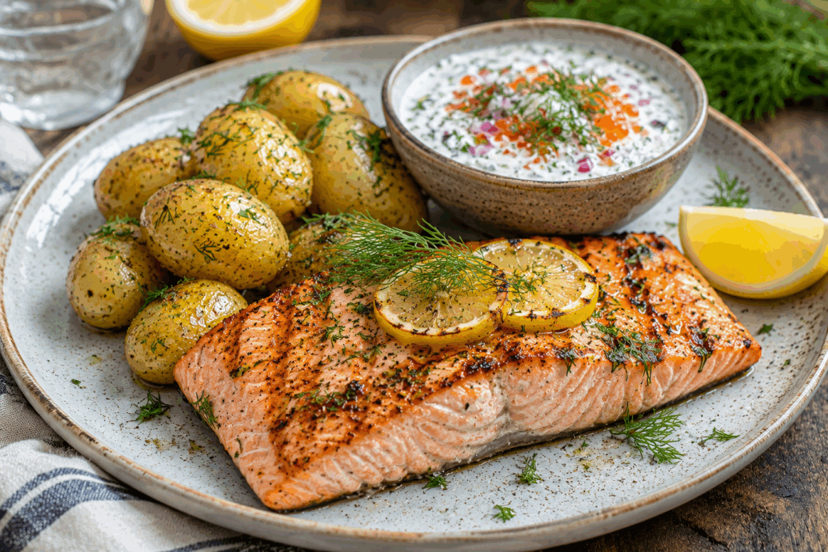 Grillad lax med romsås och färskpotatis