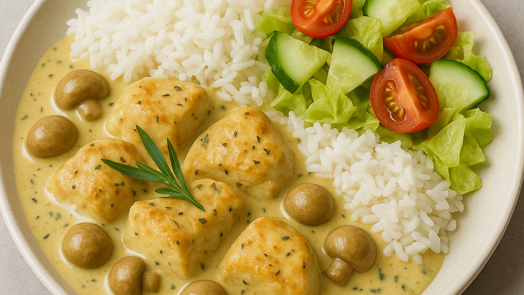 Kycklinggryta med ris och sallad