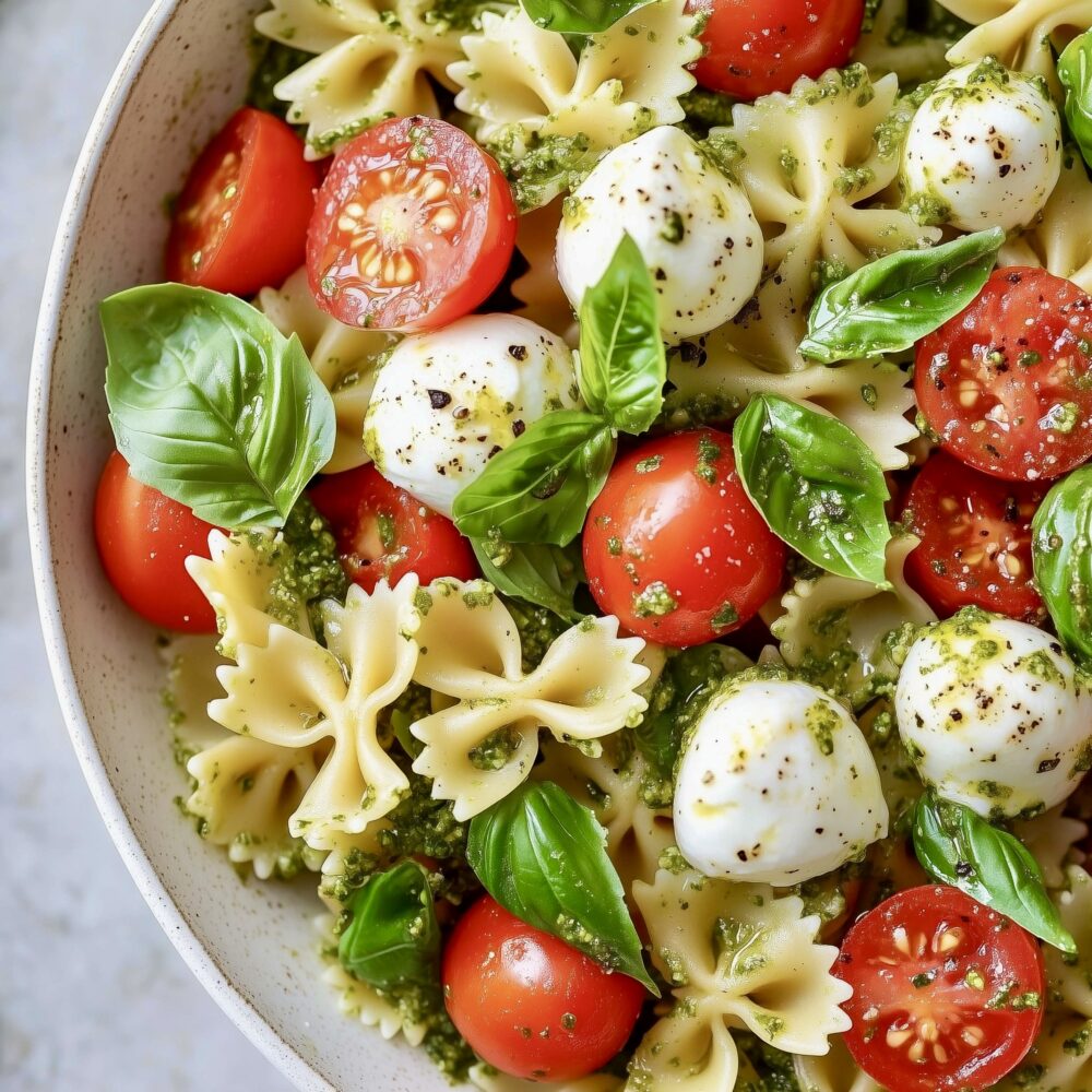 Pastasallad med tomat, mozzarella och basilika
