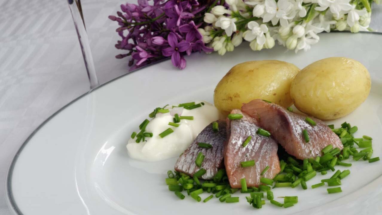 Matjessill med gräddfil och gräslök, midsommarlunch